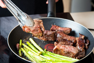 Wagyu Japanese beef steak frying on the pan