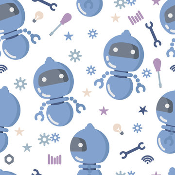Seamless pattern with blue robot, screwdriver, wrench, gears, star. Vector image on a white background. Children's pattern for printing on fabric, wallpaper and gift wrapping.