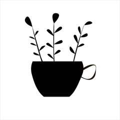 Houseplant in flower pot, silhouette. Black vector illustration isolated on white background. Home gardening. Outline drawing.