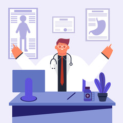 Doctor sitting at the table in hospital, infirmary, clinic vector illustration