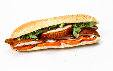 Baguette sandwich with Schnitzel on a white background