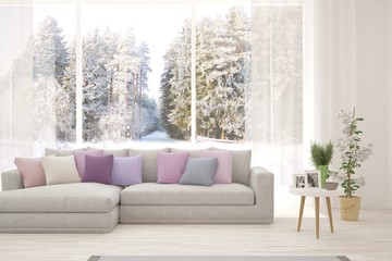 White living room with sofa and winter landscape in window. Scandinavian interior design. 3D illustration