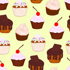 pattern set of muffin cupcakes with chocolate icing cream cherry sweets dessert confectionery delicacy background vector wallpaper seamless banner holiday element baking