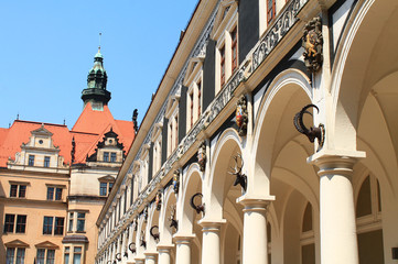 DRESDEN, GERMANY - 26 AUGUST 2012: View of Stables Courtyard toward Chancellery Building, George Gate and Hausmannsturm tower of Dresden Castle, Saxony, Germany.