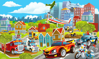 cartoon happy and funny scene of the middle of a city with cars driving by and planes flying illustration