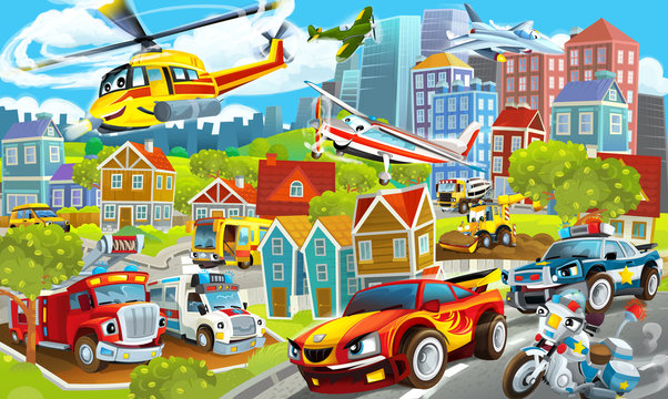 cartoon happy and funny scene of the middle of a city with cars driving by and planes flying illustration