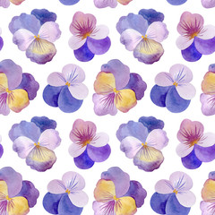 Watercolor pansies on white background. Floral seamless pattern. Colorful texture for wrapping paper and fabric design. Purple hand painted flowers