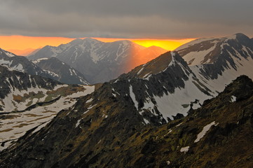 Poland Tatra mountains. Red sunset on the Tatra Mountains. Sunset in the mountains.