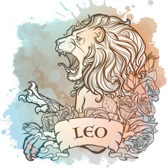 Zodiac sign of Leo, element of Fire. Intricate linear drawing on watercolor textured background. Roses decorative garland. Square format. EPS10 vector illustration.