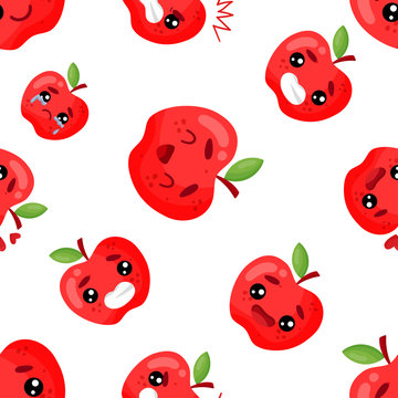 Seamless pattern emoji apple emoticons with different emotions, smile, laugh, anger, cry, love. Isolated vector illustration with different character.