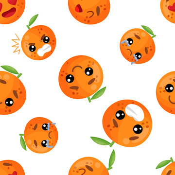 Seamless pattern emoji orange emoticons with different emotions, smile, laugh, anger, cry, love. Isolated vector illustration with different character.