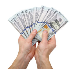 Hands holding money dollars isolated on white