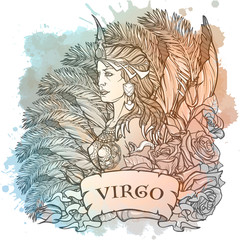 Zodiac sign of Virgo, element of Earth. Intricate linear drawing on watercolor textured background. Roses decorative garland. Square format. EPS10 vector illustration.