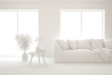 White minimalist living room with sofa. Scandinavian interior design. 3D illustration