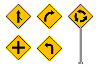Traffic road sign set, street signs, yellow isolated on white background, vector illustration. © darsi