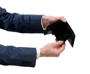 Businessman with empty wallet isolated on white