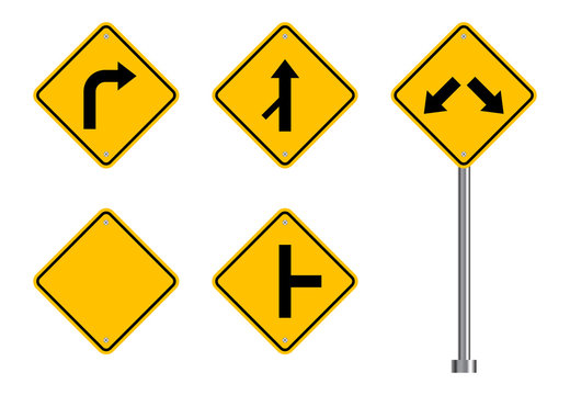 Traffic road sign set, street signs, yellow isolated on white background, vector illustration.