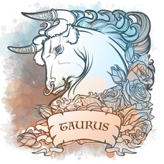 Zodiac sign of Taurus, element of Earth. Intricate linear drawing on watercolor textured background. Roses decorative garland. Square format. EPS10 vector illustration.