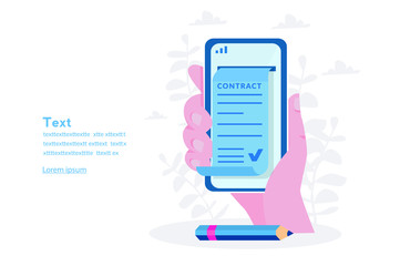 Online e-contract document sign via smartphone. Vector illustration for web banner, infographics, mobile. Electronic contract or digital signature 