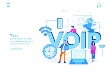 VOIP. Voice over IP or internet protocol technology. Vector illustration for web banner, infographics, mobile. Network phone call software. 