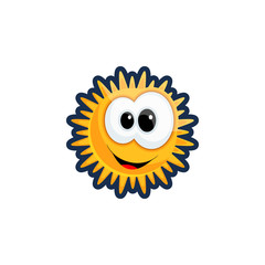 Cartoon bright sun with big eyes and a happy smile. Emoticon. Flat style weather icon. On a white isolated background. Vector illustration.