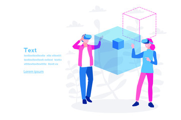 Obraz na płótnie Canvas Man and woman wearing virtual reality headset and looking at abstract VR world. Vector illustration for web banner, infographics, mobile . Virtual augmented reality glasses.