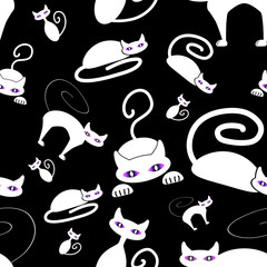 Seamless repeating pattern of a white cat in various poses on a black background. Surface pattern design, tile, wallpaper, fabric.