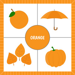 Educational cards for children: learning colors. objects of orange  color. Cut out the cards. Vector illustration.