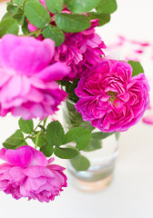 Selective focus bouquet of pink peony shaped roses at home. Summer concept. Interior decorative element.