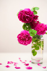Pink quartz roller on floral background. Spa settings. Derma roller for anti aging. Beauty tools.