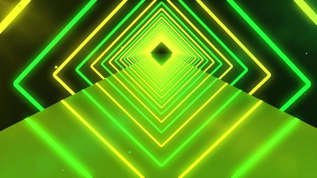 Futuristic neon tunnel with yellow and green lights with particles. Abstract 3d animation of glowing neon bright lines geometric shapes and mirror reflection