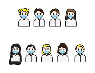 Set of young characters with face masks