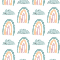Cute minimalistic scandinavian square seamless pattern with rainbow and sky. Watercolor digital art on a white background. The print for a nursery, cards, invitations, posters, cards
