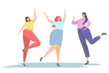Happy dancing women. Office workers. Body positive.