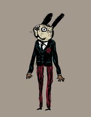 Cartoon drawing of funny dressed up rabbit 