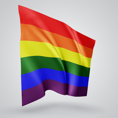 rainbow, vector flag with waves and bends waving in the wind on a white background.
