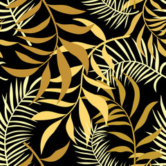 Abstract golden tropical leaves seamless pattern.