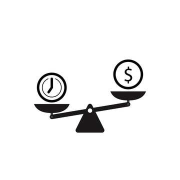 Time Vs Money On Scales Icon. Vector