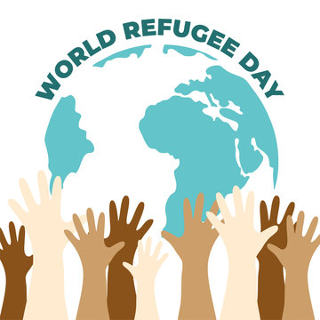 World Refugee Day Vector illustration. planet earth with color s hand s