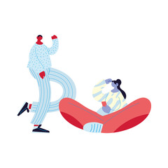 Woman and man cartoon with smartphone vector design