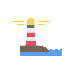 Lighting lighthouse and ocean water vector icon symbol isolated on white background