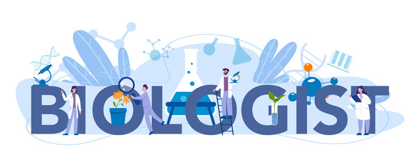 Biologist typographic header concept. Scientist make laboratory
