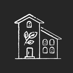 Green building chalk white icon on black background. Sustainable development. Eco friendly real estate. Greenhouse exterior. Efficient building. Isolated vector chalkboard illustration