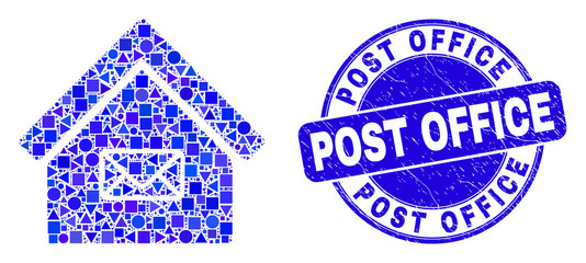 Geometric post office mosaic pictogram and Post Office seal stamp. Blue vector rounded textured seal stamp with Post Office title. Abstract mosaic of post office combined of round, triangles,