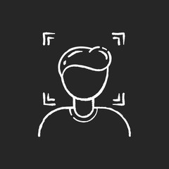 Facial recognition chalk white icon on black background. Security identification to protect privacy. Biometric unlocking. Human face recognition. Isolated vector chalkboard illustration