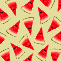 Watermelon pattern isolated on green background. Fresh summer fruit.