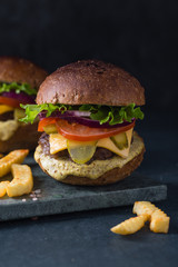 Delicious grilled burgers and fries 