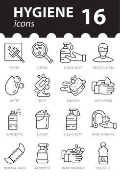 Set of Hygiene icons in vector. Simple a modern flat style illustration. Pictogram with names.