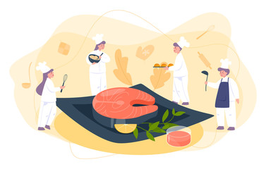 Obraz na płótnie Canvas Little chef in professional uniform cook grilled salmon steak