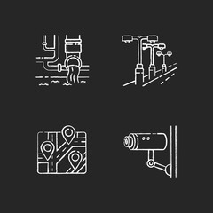 Urban regulation chalk white icons set on black background. Water supply pipeline. Street light. Landmark GPS pointer. Video surveillance for safety. Isolated vector chalkboard illustrations